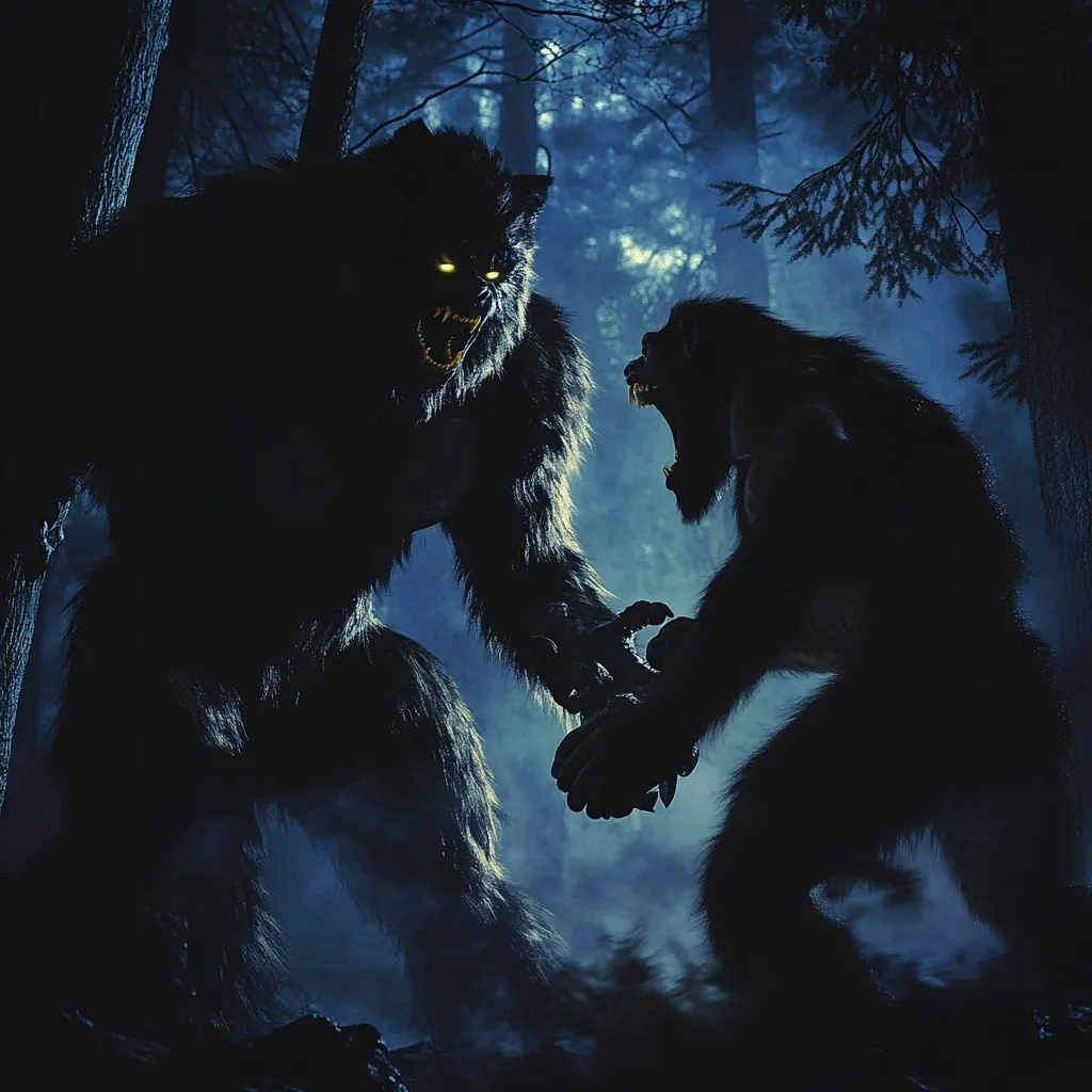 A dramatic nighttime scene in a dark forest depicts two monstrous figures engaged in a tense confrontation.  One, resembling a werewolf, is larger and more powerfully built, its glowing eyes intense. The other, an ape-like creature, stands defensively, its mouth open in a snarl.  Both are silhouetted against a misty, moonlit backdrop, creating a chilling atmosphere of mystery and impending violence.  The image emphasizes the creatures’ immense size and ferocity.
