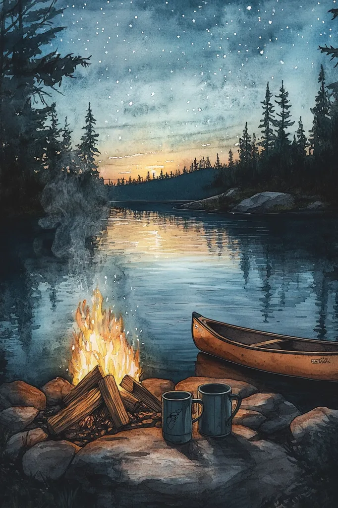 A serene watercolor painting depicts a tranquil lakeside scene at twilight. A crackling campfire glows warmly on rocky ground, beside which sit two mugs. A canoe rests gently on the water, reflecting the starry sky and the soft sunset hues.  Dark evergreen trees line the shore, adding depth and tranquility to this idyllic wilderness setting.