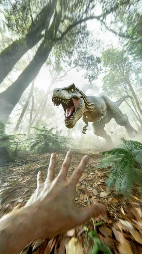 A Tyrannosaurus Rex roars, charging towards a human hand outstretched in fear. The scene is set in a lush, misty forest, with tall trees and ferns surrounding the path. The motion blur suggests a sense of urgency and impending danger, creating a dramatic and thrilling visual narrative. The contrast between the prehistoric predator and the modern hand heightens the impact of the image.
