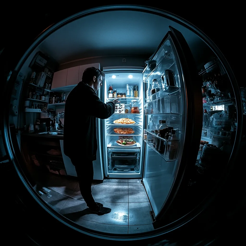 A person stands in a dimly lit kitchen at night, illuminated by the open refrigerator's interior light.  The fridge is stocked with various foods, including a pizza, a sandwich, and other containers. The individual appears to be selecting something to eat, captured in a fisheye lens perspective that distorts the scene's proportions.  The overall mood is one of late-night snacking.