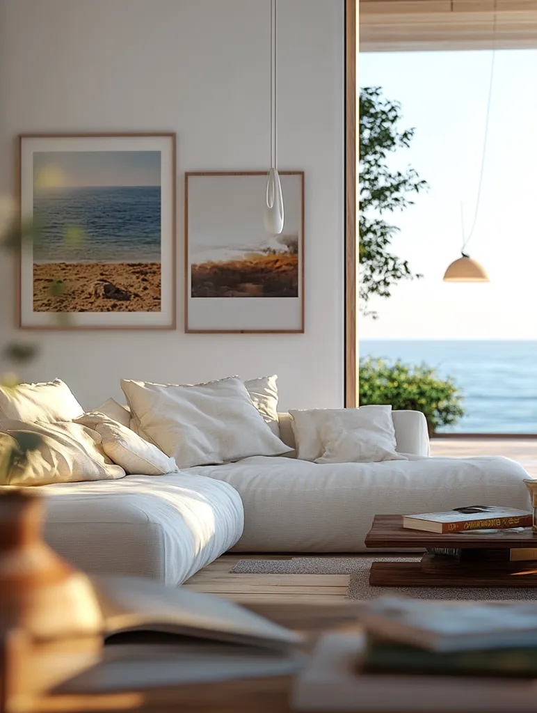 A minimalist living room features a large, low-slung off-white sectional sofa, plush with pillows. Two framed coastal landscape photographs hang on the wall, complementing the ocean view visible through a large window.  A simple, modern pendant light hangs above the seating area.  The room is bathed in warm, natural light, creating a serene and peaceful atmosphere. A low wooden coffee table holds a few books.