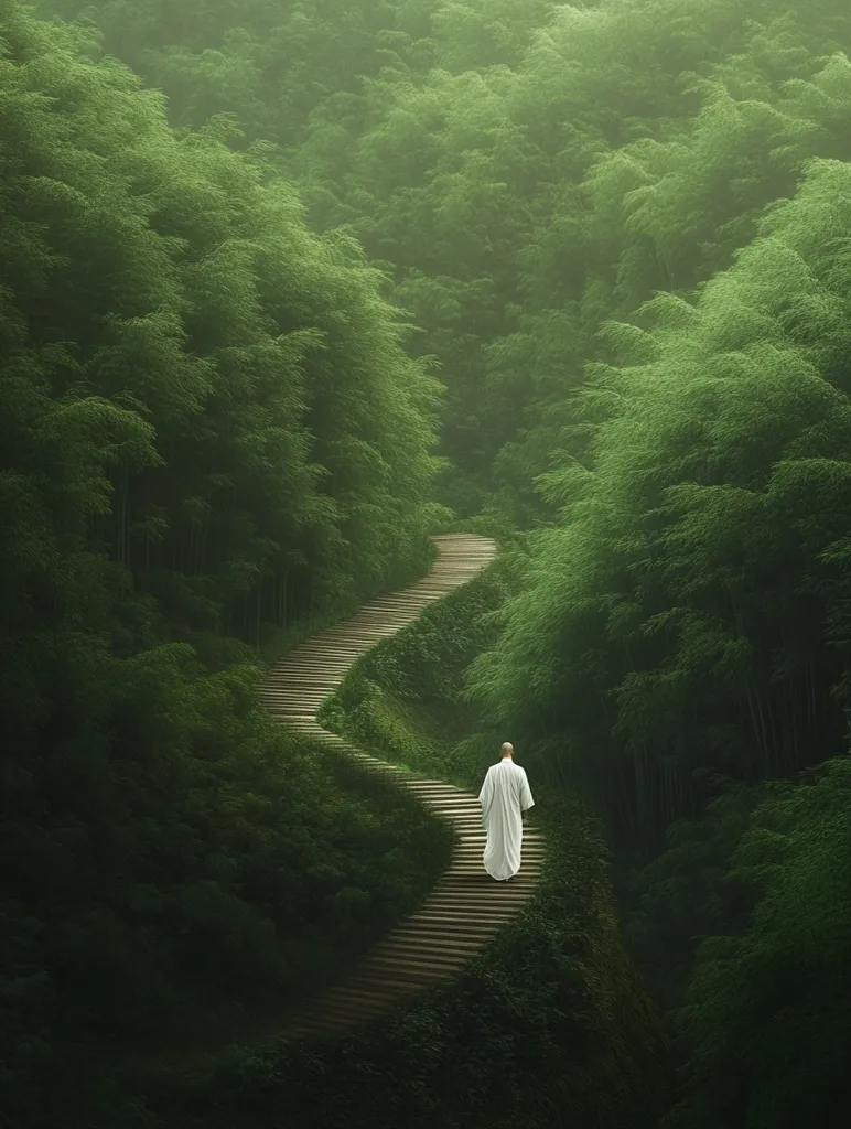 A lone figure, dressed in flowing white robes, ascends a winding wooden staircase nestled within a lush bamboo forest.  The path curves gently upwards, disappearing into the misty green depths.  The scene is serene and contemplative, evoking a sense of peace and spiritual journey.  The soft light and verdant foliage create a tranquil atmosphere.