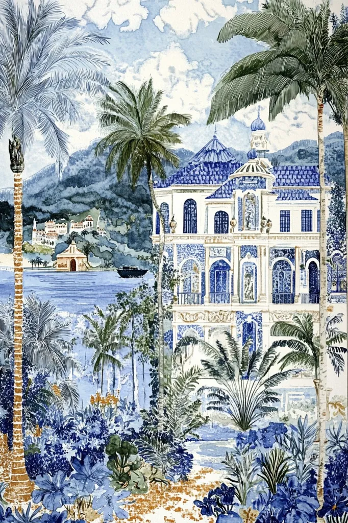 A watercolor painting depicts a tranquil coastal scene.  A grand, blue-tiled mansion stands prominently, nestled amidst lush tropical foliage, including palm trees and flowering bushes.  The water is a calm blue, with a small boat visible in the distance.  Rolling hills and other buildings are faintly visible in the background, suggesting a serene, possibly tropical, location. The overall palette is cool and calming, dominated by blues and greens.