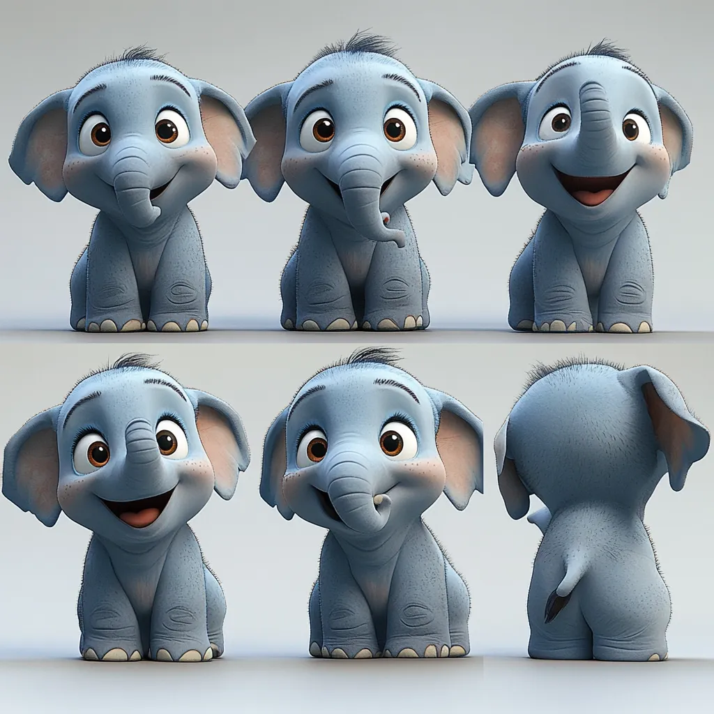 Six views of an adorable, cartoon baby elephant are shown. The elephant is light blue, with large expressive eyes and a playful demeanor.  Each view showcases a different angle and subtle expression change, from a front-facing happy smile to a side profile and even a rear view. The rendering is high-quality, emphasizing the character's soft texture and endearing features.
