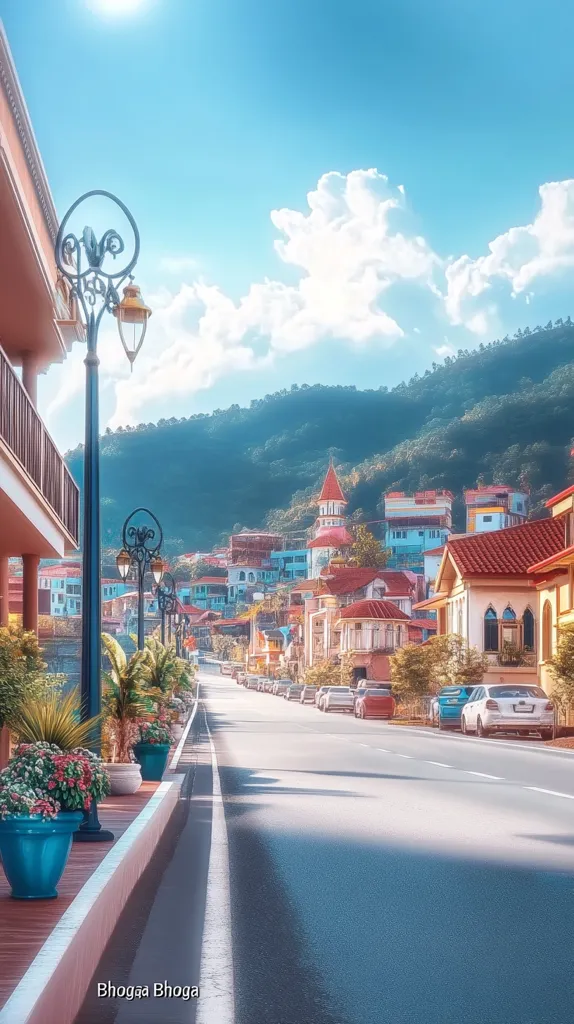 A picturesque street scene unfolds, showcasing a row of charming, pastel-colored buildings nestled against a verdant mountain backdrop.  Ornate street lamps line the walkway, adding to the quaint ambiance.  Cars are parked neatly along the roadside, under a bright, sunny sky with fluffy white clouds. The overall aesthetic is serene and idyllic, capturing a moment of peaceful beauty.
