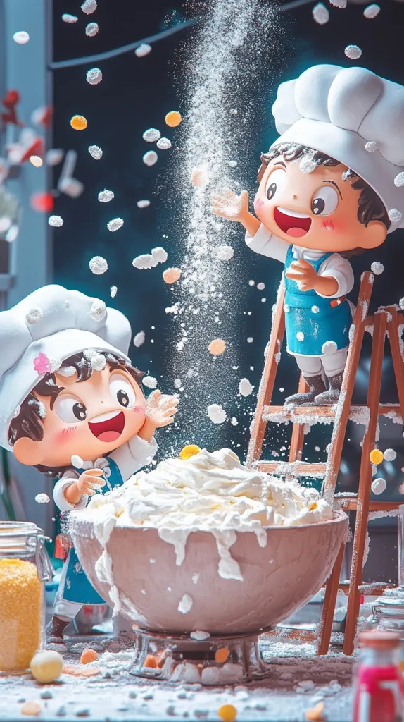 Two adorable cartoon chef figurines, wearing white chef hats and blue aprons, are playfully tossing powdered sugar and colorful sprinkles into a large bowl overflowing with whipped cream.  One figurine stands on a small wooden ladder, adding to the whimsical scene covered in a light dusting of snow. The overall setting evokes a sense of fun and playful baking.