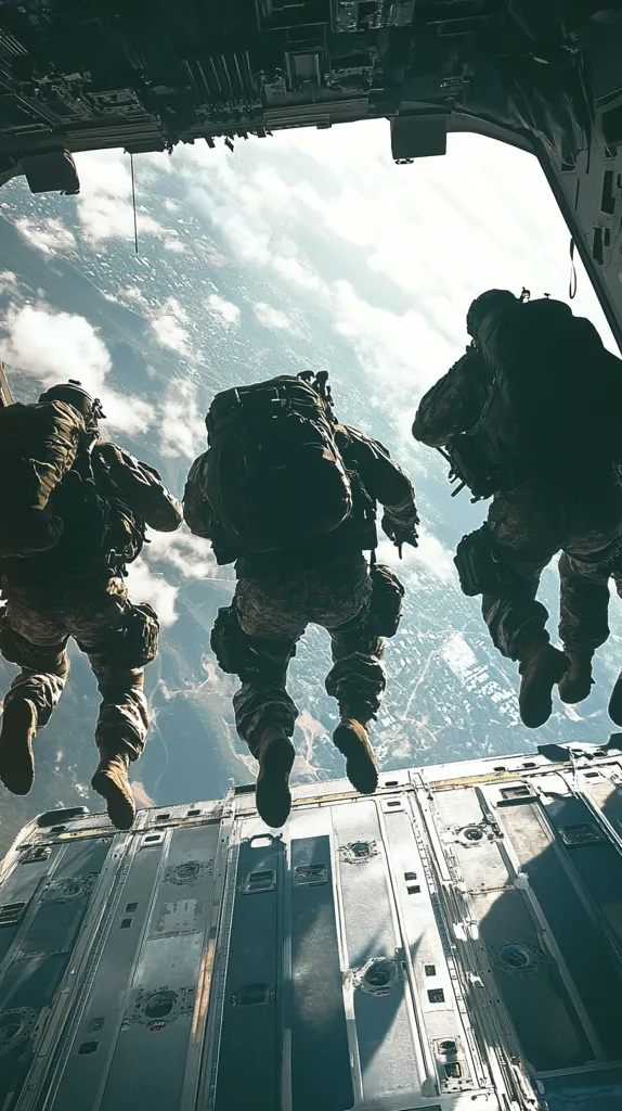 Three soldiers in camouflage gear are seen exiting a military aircraft during a jump operation.  The view is from inside the plane, looking down at the soldiers as they leap from the open cargo bay door.  Below, a vast expanse of clouds and land stretches out under a bright sky. The image emphasizes the action and the high-altitude nature of the jump.
