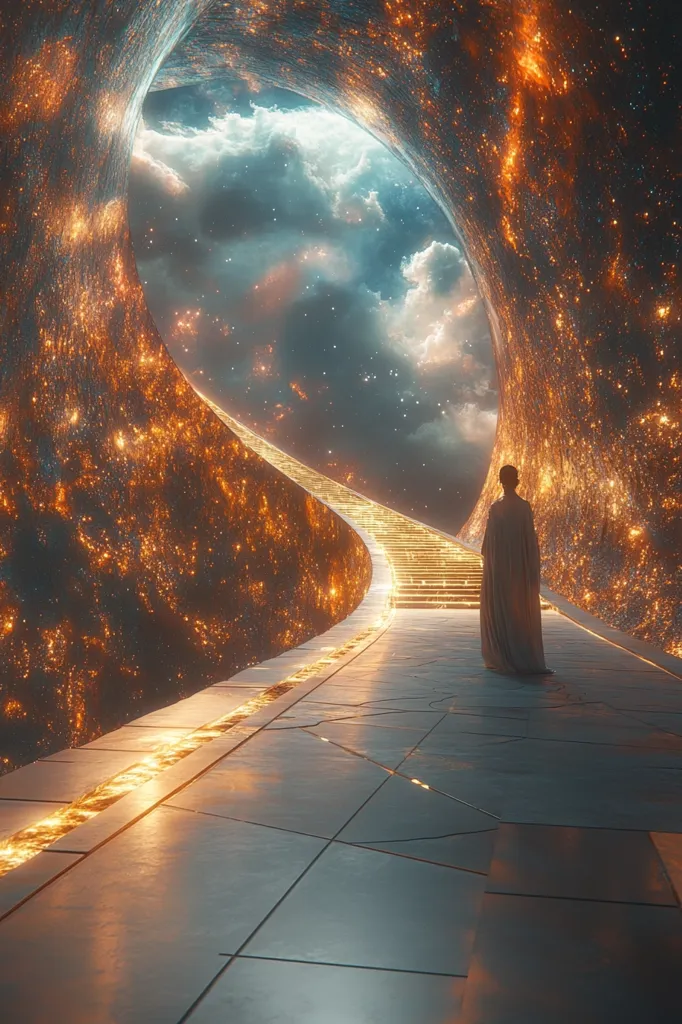 A lone figure in flowing white robes stands at the base of a golden staircase, which ascends into a celestial tunnel.  The tunnel's walls are adorned with shimmering, fiery particles, creating a breathtaking cosmic scene.  Beyond the opening, a cloudy expanse of stars and nebulae fills the sky, promising a journey into the unknown.  The scene is surreal and awe-inspiring, suggestive of a spiritual or otherworldly experience.