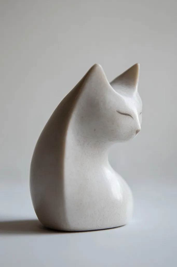 A minimalist off-white ceramic cat sculpture is presented.  The cat is depicted in a seated position, its form simplified into smooth, geometric curves. The eyes are subtly indicated, and the overall effect is one of serene simplicity and modern design.  The sculpture's texture appears slightly granular, suggesting a matte finish.