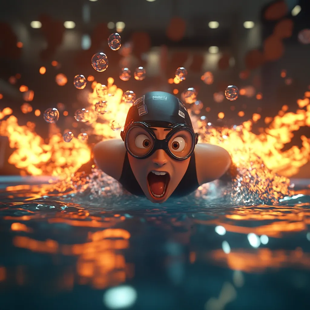 A stylized cartoon swimmer with oversized goggles and a surprised expression performs a butterfly stroke.  Flames trail behind her as she powerfully propels herself through the water, creating a dynamic and surreal scene.  Bubbles rise to the surface, enhancing the energetic and fantastical atmosphere. The scene is set in a dimly lit swimming pool.