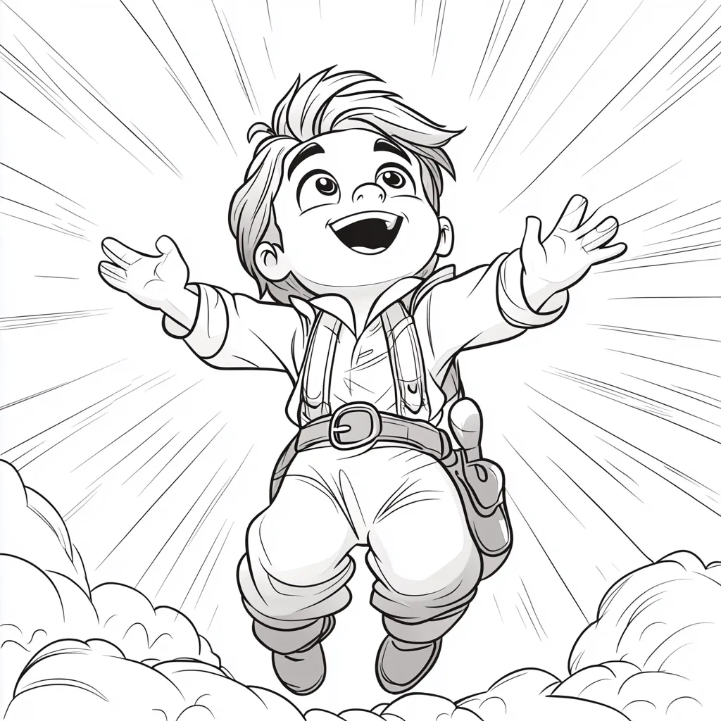 A joyful cartoon boy with spiky hair and a backpack leaps through the air, arms outstretched.  He wears a belted shirt and pants, suggesting a playful adventurer.  Dynamic lines radiate from him, emphasizing his exhilaration.  He's surrounded by stylized clouds, suggesting flight or a dreamlike state. The overall style is reminiscent of comic book art.