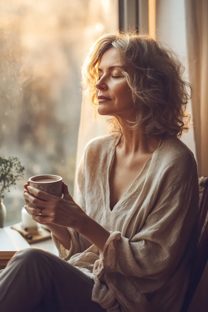 A woman with shoulder-length curly blonde hair sits by a window, bathed in warm sunlight.  She holds a mug, eyes closed, appearing serene and peaceful.  She's dressed in a light beige, loose-fitting top and pants. The overall mood is calm and contemplative, suggesting a moment of quiet reflection.