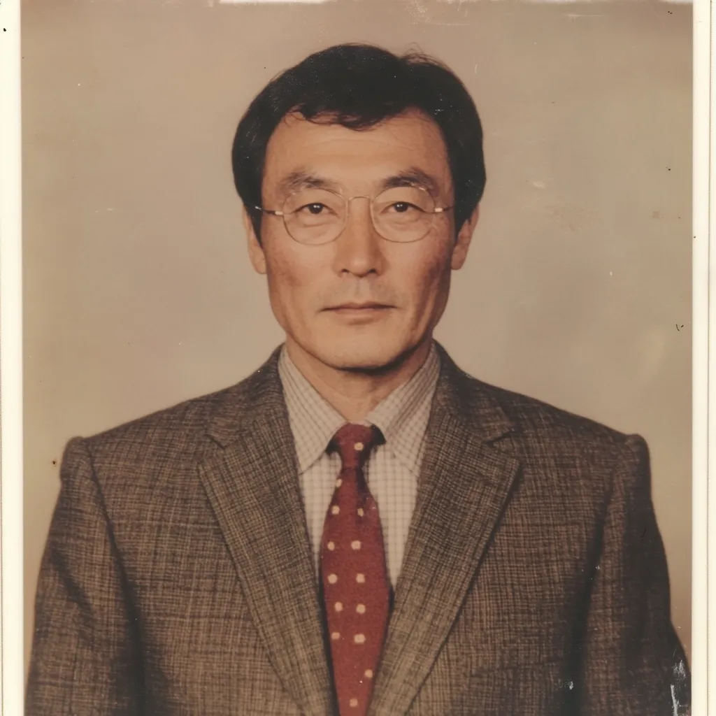 A portrait photograph shows a middle-aged Asian man with dark hair combed back, wearing round glasses, a light-colored collared shirt, and a brown suit with a maroon tie featuring small white polka dots.  He has a serious expression, looking directly at the camera. The background is a neutral light beige. The photo appears to be an older print, possibly a formal or identification photo.