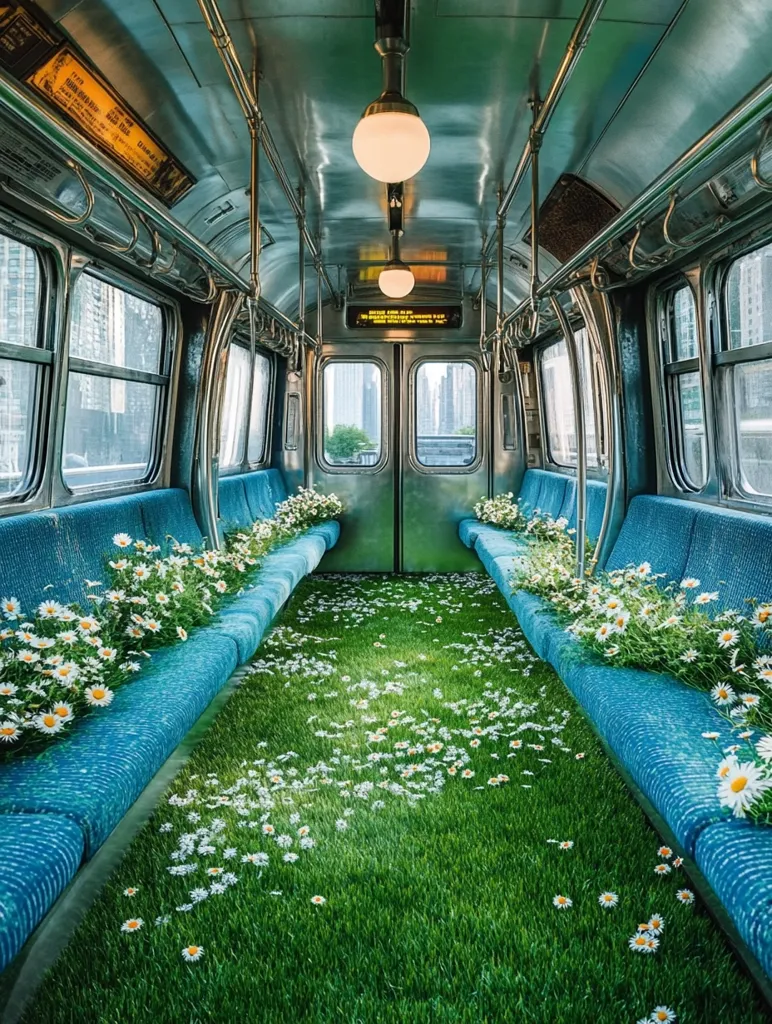 A subway car's interior is transformed into a vibrant, verdant oasis.  The seats are lined with lush bunches of daisies, while a carpet of artificial grass covers the floor, scattered with more daisies.  The scene is peaceful and surreal, contrasting the metallic industrial setting with the natural beauty of the flowers and grass. Sunlight streams through the windows, illuminating the unexpected garden within.