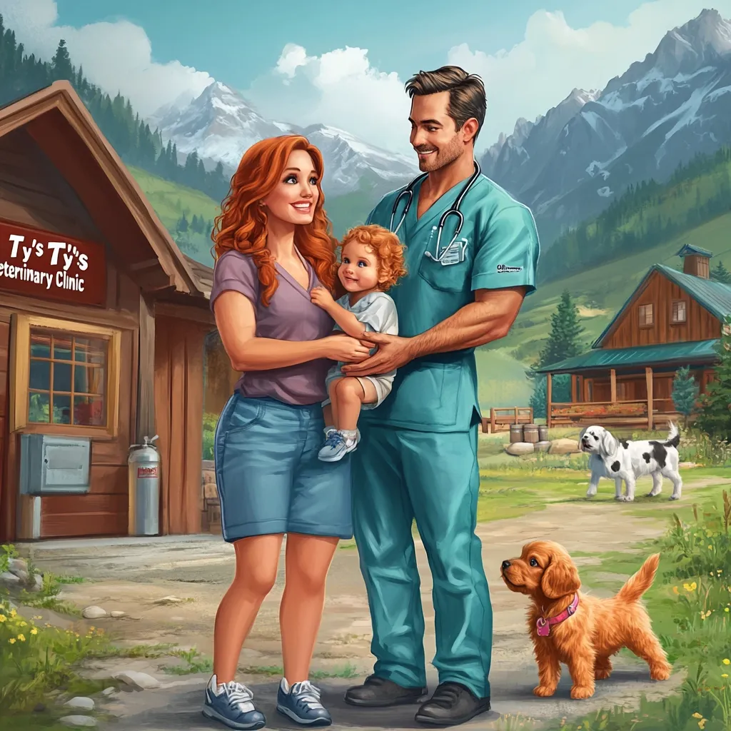 A happy family stands outside Ty's Ty's Veterinary Clinic, nestled in a picturesque mountain setting.  The father, a veterinarian in teal scrubs, holds their toddler. The mother, in denim shorts and a purple top, smiles lovingly.  A small dog sits nearby, adding to the idyllic scene.  Mountains and a rustic barn form the tranquil backdrop. The family exudes warmth and contentment.