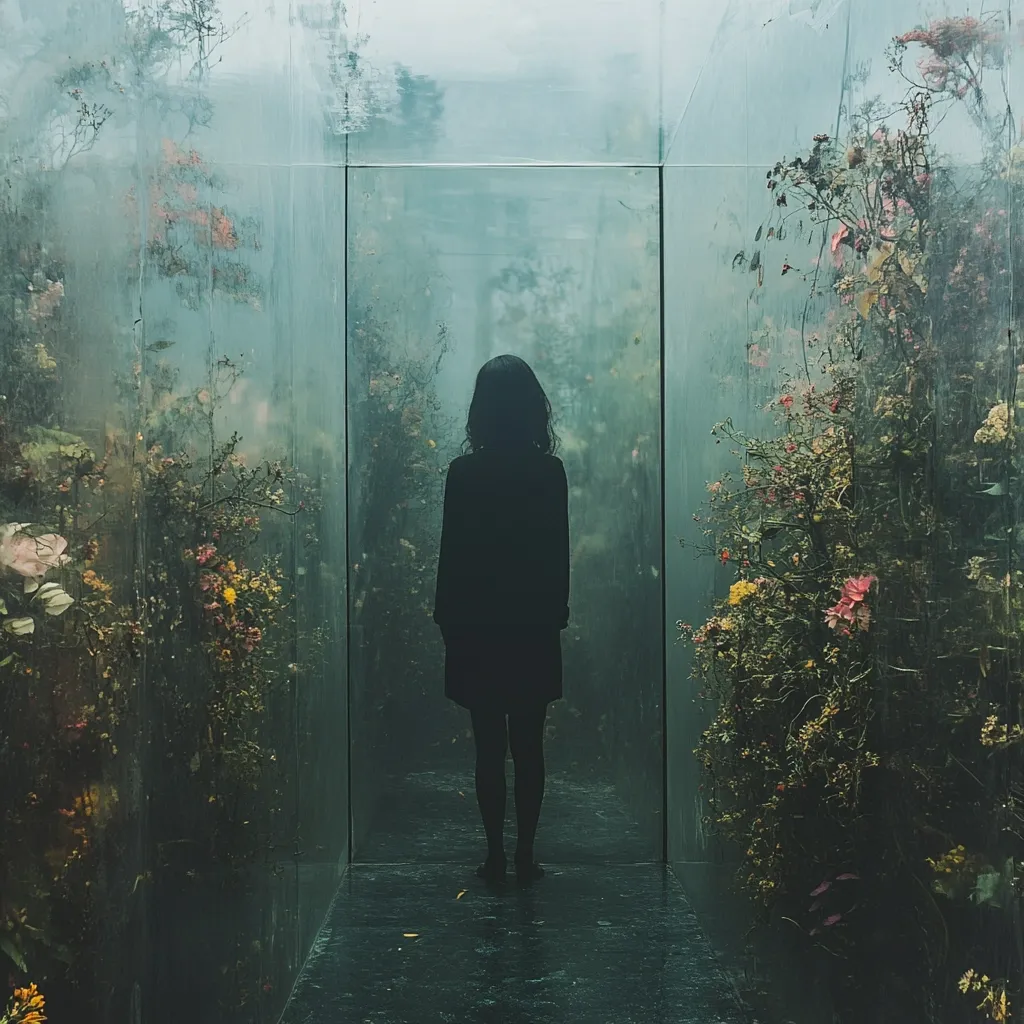 A silhouetted woman stands in a glass enclosure filled with lush, muted-toned flowers. The atmosphere is hazy and dreamlike, creating a sense of mystery and serenity. The contrast between the dark figure and the vibrant, yet subdued, floral surroundings evokes a feeling of contemplation or introspection. The overall aesthetic is moody and evocative.