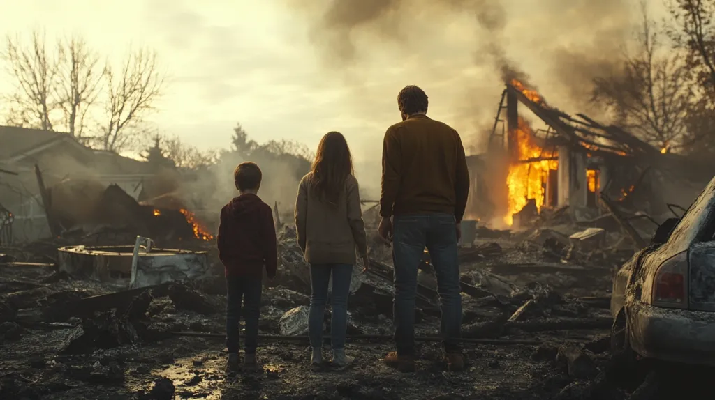 A family of three stands amidst the ruins of their fire-ravaged home.  The parents, a man and woman, stand behind their young son, all gazing at the burning structure.  Smoke billows into the dusky sky, casting a somber glow on the scene of devastation.  The remnants of a car are visible in the foreground, adding to the image of complete destruction.