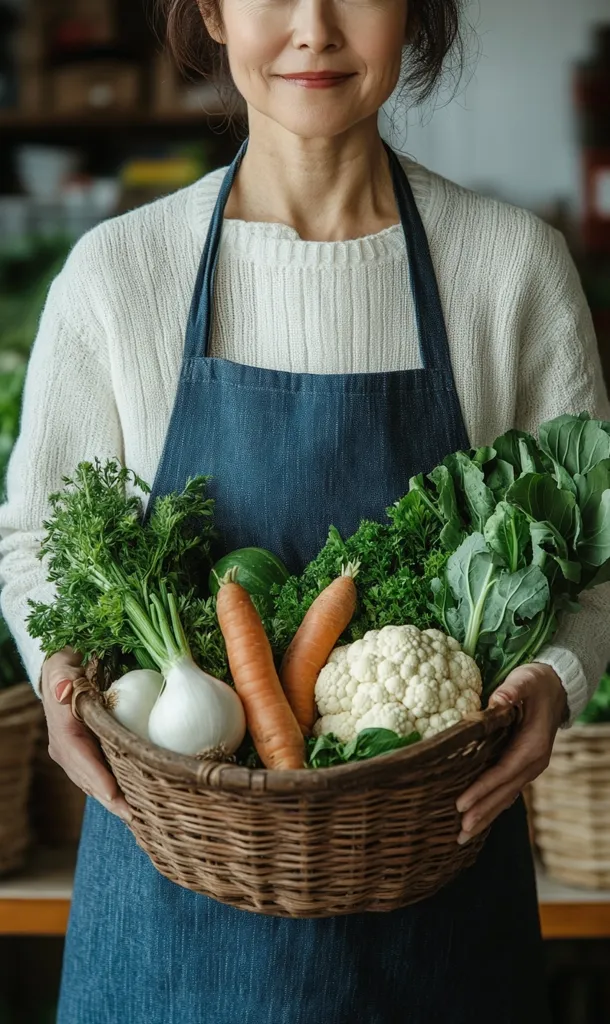 A woman in a white sweater and denim apron holds a wicker basket overflowing with fresh produce.  The basket contains carrots, a cauliflower, an onion, various leafy greens, and a partial view of a zucchini.  She is smiling gently, showcasing a wholesome and healthy image.  The background suggests a market or farm setting.