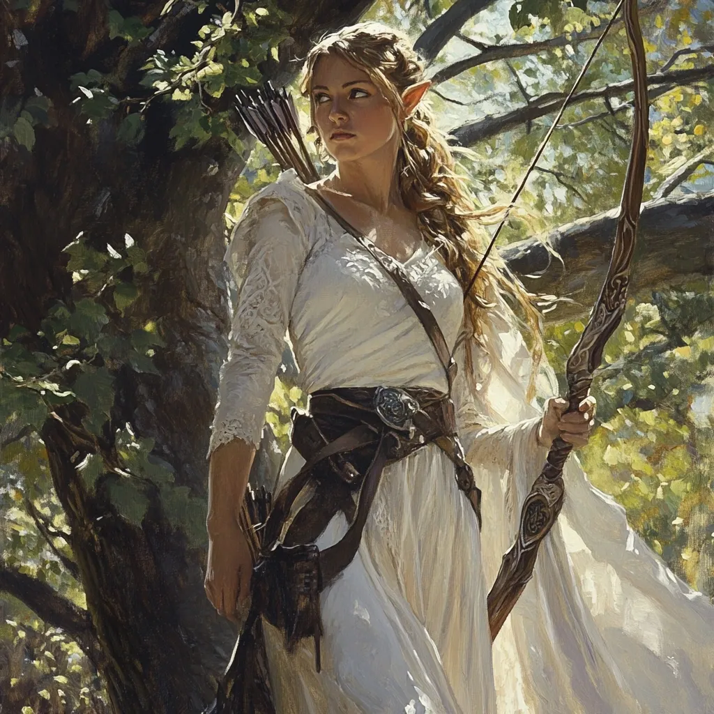 A painting of an elf woman, fair-skinned with blonde hair, standing in a sun-dappled forest. She wears a flowing white dress with intricate lace detailing and a brown leather belt and quiver.  She holds a large, intricately carved bow, and a quiver of arrows is at her side. Her expression is serious and watchful, suggesting a sense of quiet strength and readiness. The background is lush and green, with sunlight filtering through the leaves.