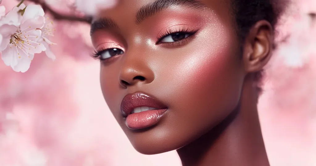 A close-up shot of a young woman with dark skin.  She's wearing soft pink eyeshadow, blush, and lip gloss, creating a radiant and delicate look.  Her face is partially obscured by delicate, light pink cherry blossoms, enhancing the soft, feminine aesthetic.  The overall tone is romantic and ethereal.