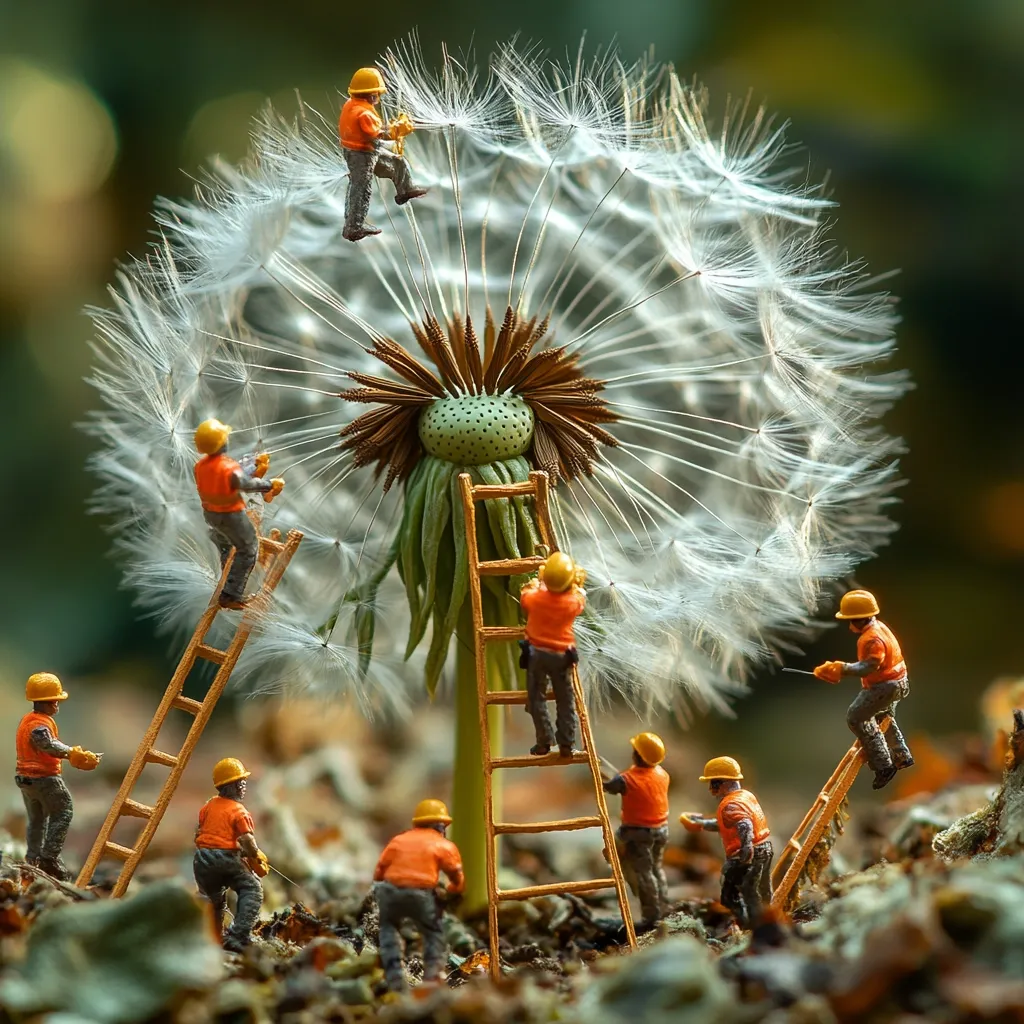 Miniature construction workers, wearing hard hats and orange vests, meticulously work on a giant dandelion.  They climb ladders, carefully tending to the delicate seed head.  The scene is a whimsical juxtaposition of the tiny figures and the enormous flower, set against a softly blurred natural background. The image evokes a sense of playful scale and meticulous craftsmanship.