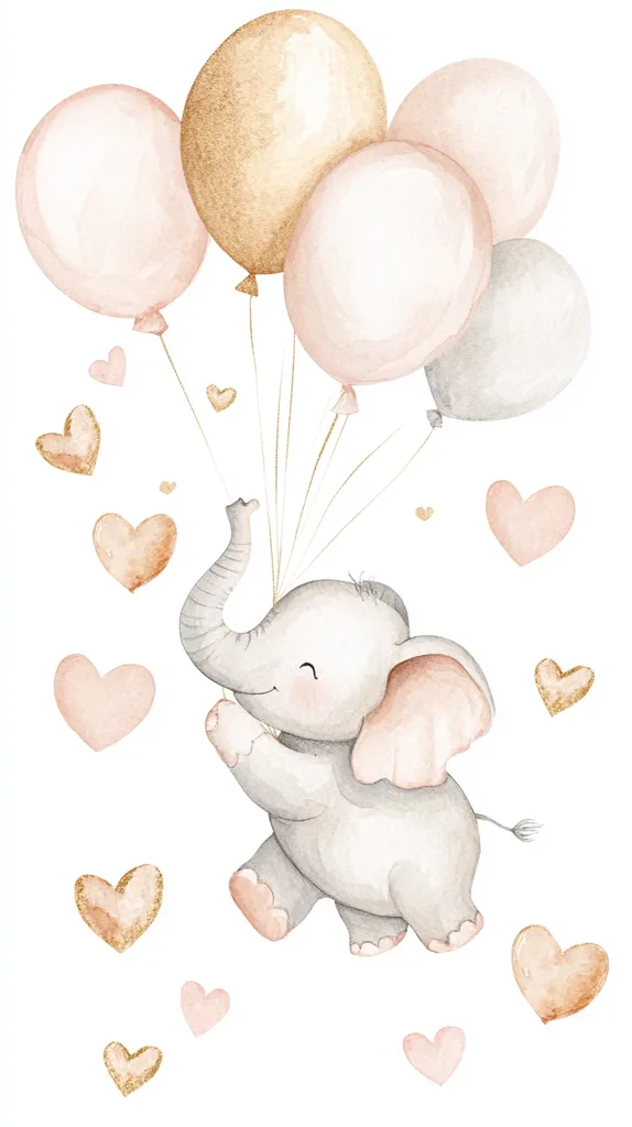 A cute watercolor illustration of a baby elephant joyfully flying with pastel pink, gold, and gray balloons.  Small hearts in coordinating colors drift around the elephant, adding a whimsical and loving touch to the scene. The style is soft and gentle, ideal for nursery decor or children's products.