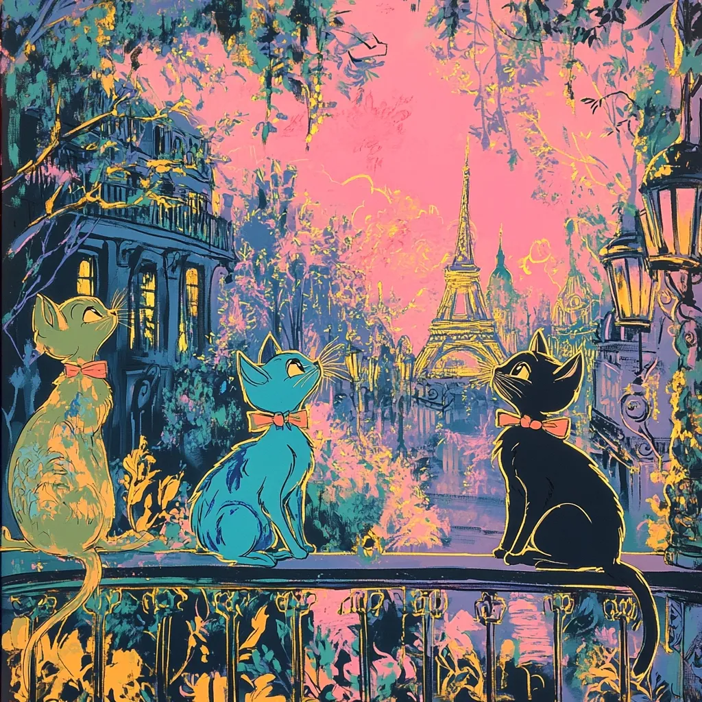 Three cats, adorned with red bows, sit on a Parisian balcony, gazing at the Eiffel Tower in the distance. The vibrant artwork is rendered in a bold, stylized manner, with a backdrop of a pink-hued cityscape and lush foliage.  The scene evokes a whimsical, romantic atmosphere, emphasizing the charm of Parisian life.