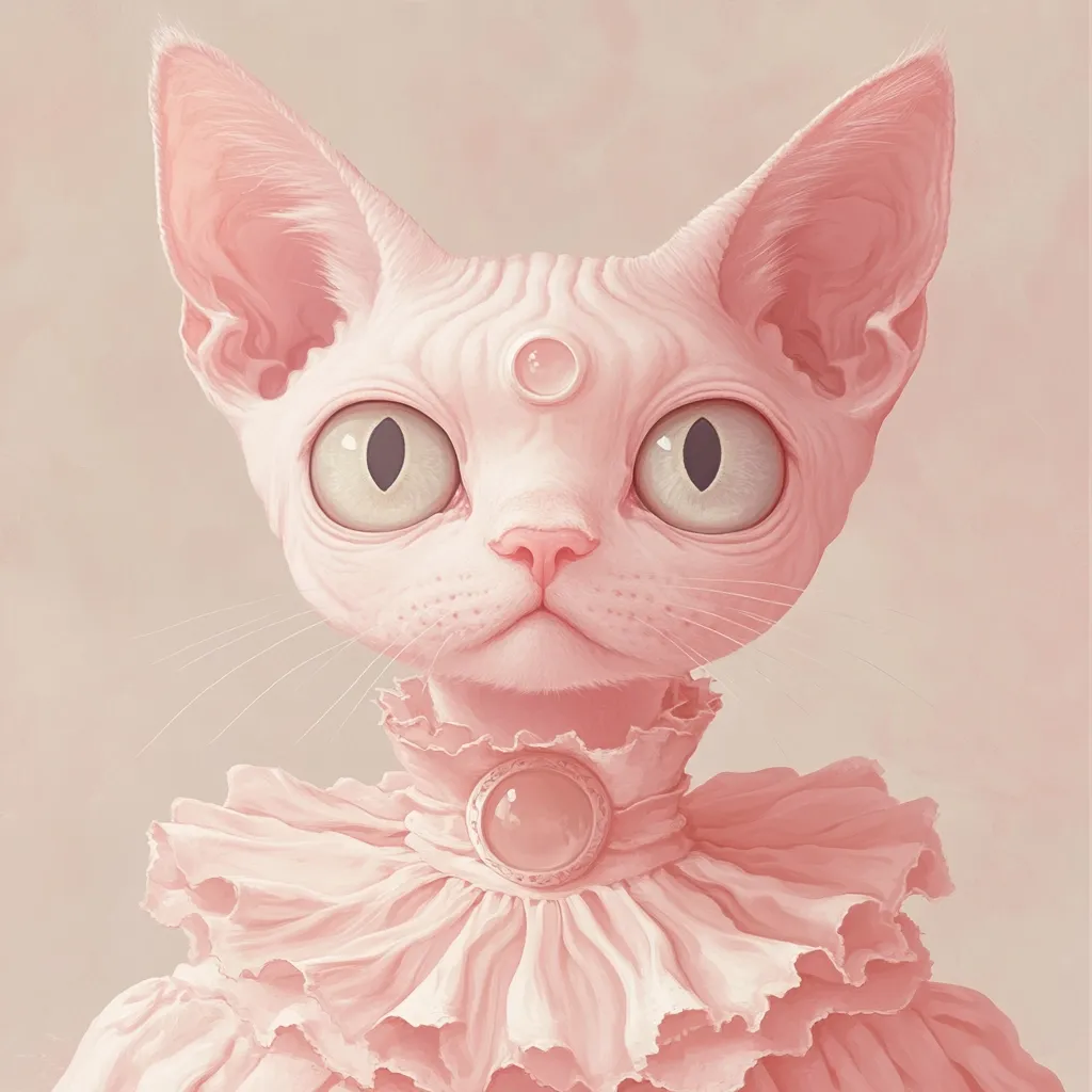 A stylized illustration depicts a pink Sphynx cat adorned in a delicate, ruffled pink dress. The cat's large, expressive eyes and a third eye-like marking on its forehead add to its ethereal quality. The soft pastel palette and intricate details of the dress create a whimsical and charming aesthetic. The overall mood is serene and slightly otherworldly.