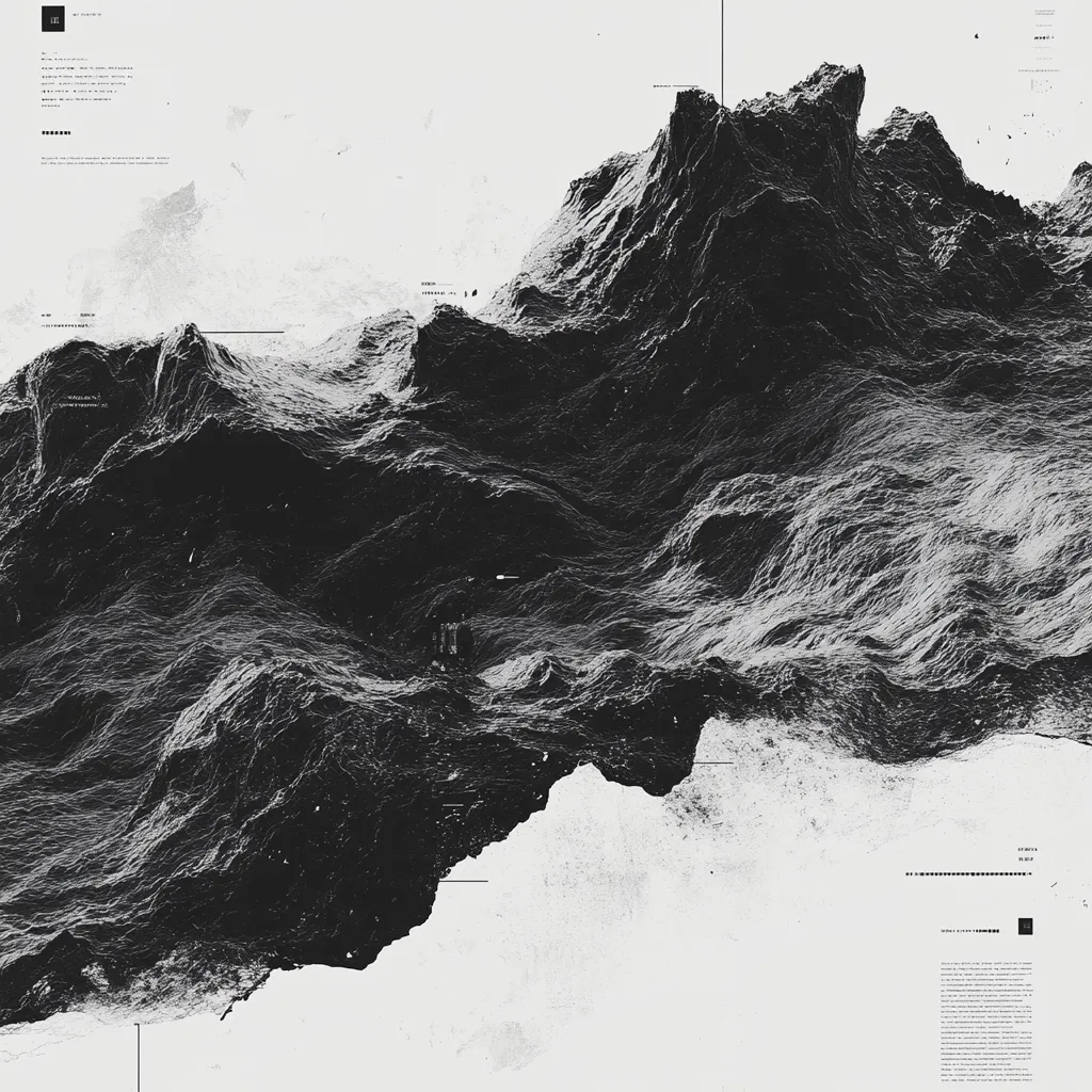 A monochromatic abstract artwork depicts a dark, textured landscape resembling a mountainous seascape.  The style is reminiscent of digital 3D rendering, with a stark contrast between the dark, heavily textured foreground and a lighter, almost erased background.  Minimalist lines and text fragments are subtly incorporated, adding a layer of graphic design to the overall composition. The image evokes a sense of vastness and mystery.