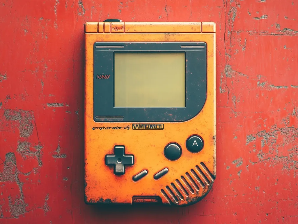 A weathered orange Game Boy rests against a chipped, red surface.  The handheld console shows signs of age and wear, adding to its retro aesthetic.  The screen is blank, inviting the viewer to imagine classic 8-bit gameplay. The buttons and casing are distinctly Game Boy in style, suggesting nostalgia for a bygone era of gaming.