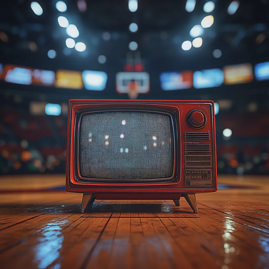 A vintage red television sits on a polished wooden basketball court floor.  The blurry background shows a brightly lit arena. The TV screen displays static, suggesting a nostalgic image of watching a game. The scene evokes a feeling of classic sports broadcasting and memories of older television technology.