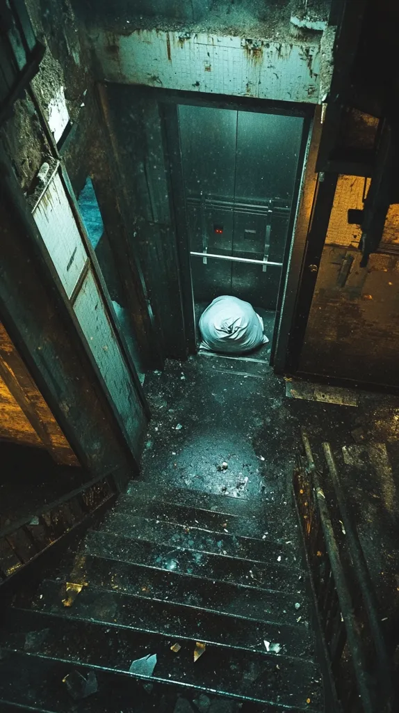 A high-angle, dimly lit view of a decrepit staircase leading to an elevator.  The elevator doors are open, revealing a large, lumpy, light-colored object inside. The stairs and surrounding walls are stained and covered in debris, suggesting neglect and disrepair.  The overall atmosphere is dark, mysterious, and somewhat unsettling.