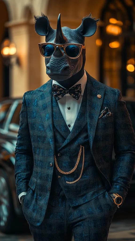 A rhinoceros wearing a dark teal three-piece suit, gold chain, and sunglasses.  The suit is patterned and the rhino is sharply dressed, with a bow tie completing the sophisticated look.  A luxury wristwatch adorns one wrist. The background suggests a wealthy or upscale setting. The image is a stylized, humorous portrayal of a sophisticated animal.