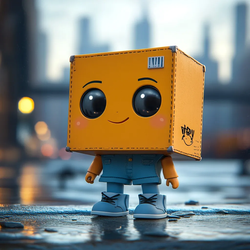 A charming 3D-rendered animation of a box-shaped robot stands on a wet surface.  Its large, expressive eyes and small, cheerful smile give it a cute, endearing appearance.  The robot is dressed in denim overalls and light blue shoes. A blurred cityscape forms a backdrop, adding depth to the image.  The overall aesthetic is playful and heartwarming.