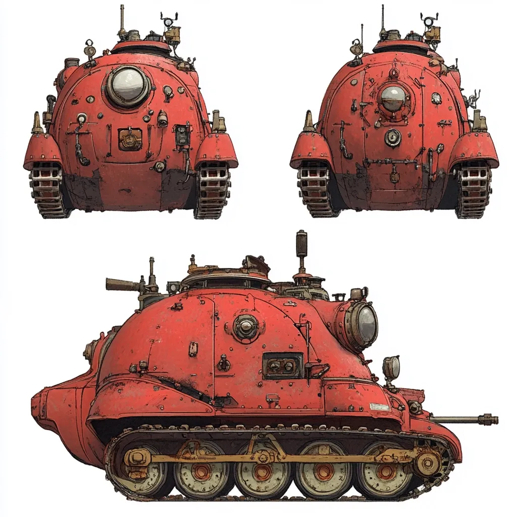The image shows three views of a stylized, rusty red tank.  The tank has a rounded, almost bulbous, main body, mounted on tank treads.  It features numerous pipes, valves, and other mechanical details suggesting a steampunk or retro-futuristic aesthetic. The front, rear, and side profiles are depicted, showcasing its unique design and detailing.