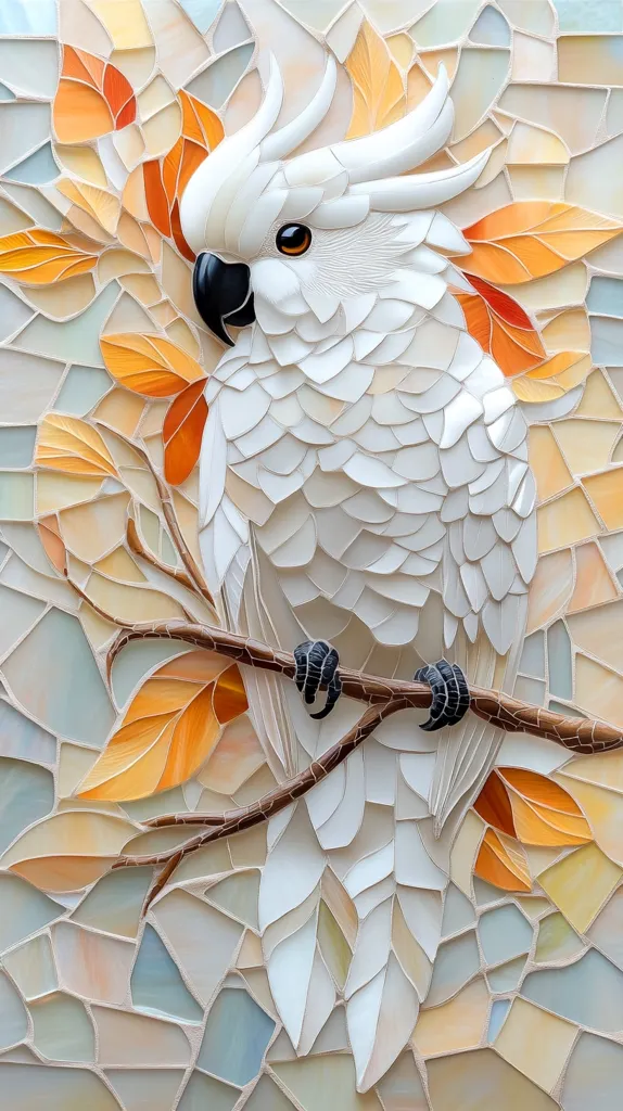 A stunning mosaic artwork depicts a white cockatoo perched on a branch.  The bird's feathers are meticulously rendered in shades of white and cream, contrasting beautifully with the warm orange and beige tones of the leaves and branch. The artist's skill is evident in the detailed textures and the interplay of light and shadow, creating a realistic and captivating image. The mosaic technique adds a unique dimension, with each small piece contributing to the overall beauty.