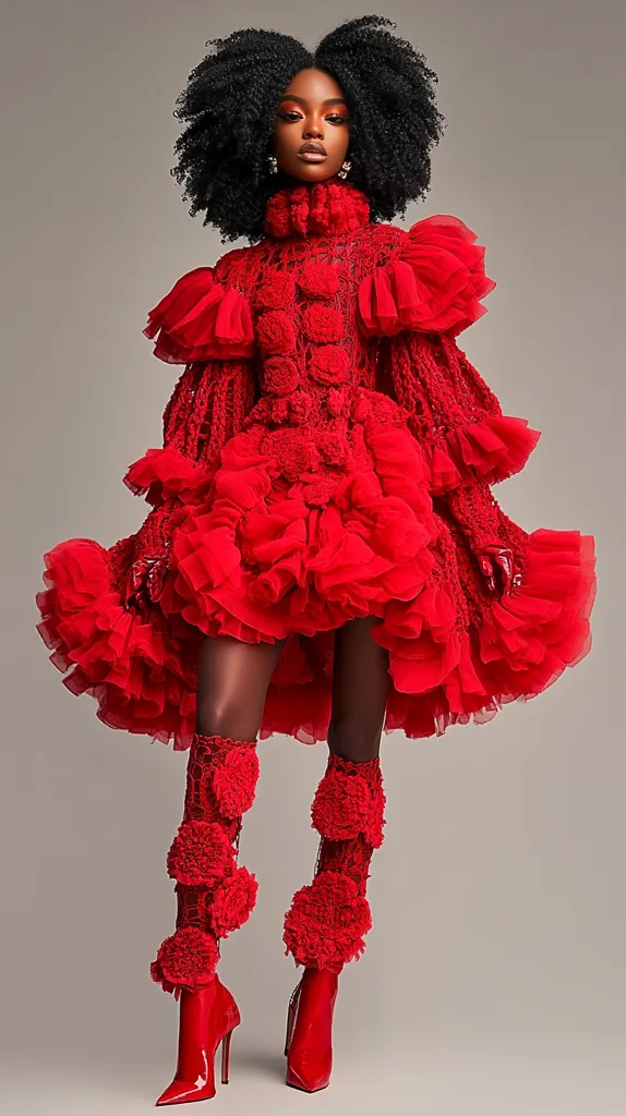 A Black model with voluminous afro hair wears a striking red ensemble.  The dress is a mini-length, featuring layers of ruffled tulle and textured fabric with large pom-pom details.  Matching red, pom-pom adorned boots complete the look, creating a bold and dramatic fashion statement.  The overall aesthetic is richly textured and vibrantly colored.