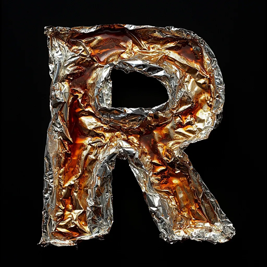 The letter "R" is formed from crumpled aluminum foil, heavily stained with dark brown, burnt residue.  The foil's texture is uneven and shows the marks of heat and pressure.  The dark background contrasts sharply with the metallic sheen of the foil and the rich color of the stains, creating a striking visual.