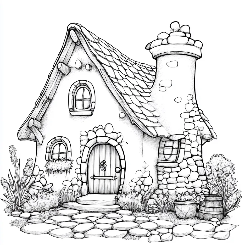 A charming, whimsical cottage, rendered in intricate line art, features a steeply pitched, shingled roof and a unique stone chimney.  The cottage's stone facade includes arched windows and a rustic wooden door.  Surrounding the house are meticulously drawn bushes, flowers, and a stone pathway, completing the idyllic scene.  A barrel and a pot sit beside the cottage, adding to its quaint charm.