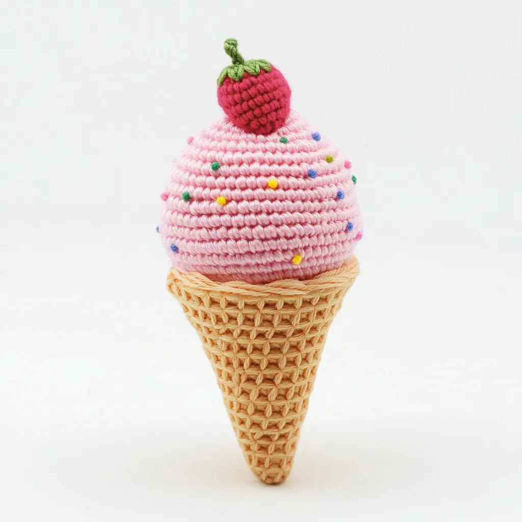 A charming crocheted ice cream cone stands against a white backdrop.  The pink ice cream scoop is adorned with colorful sprinkles and topped with a miniature crocheted strawberry.  The cone itself is a light beige, meticulously crafted with a waffle-like texture.  The entire piece is a delightful example of handmade artistry.