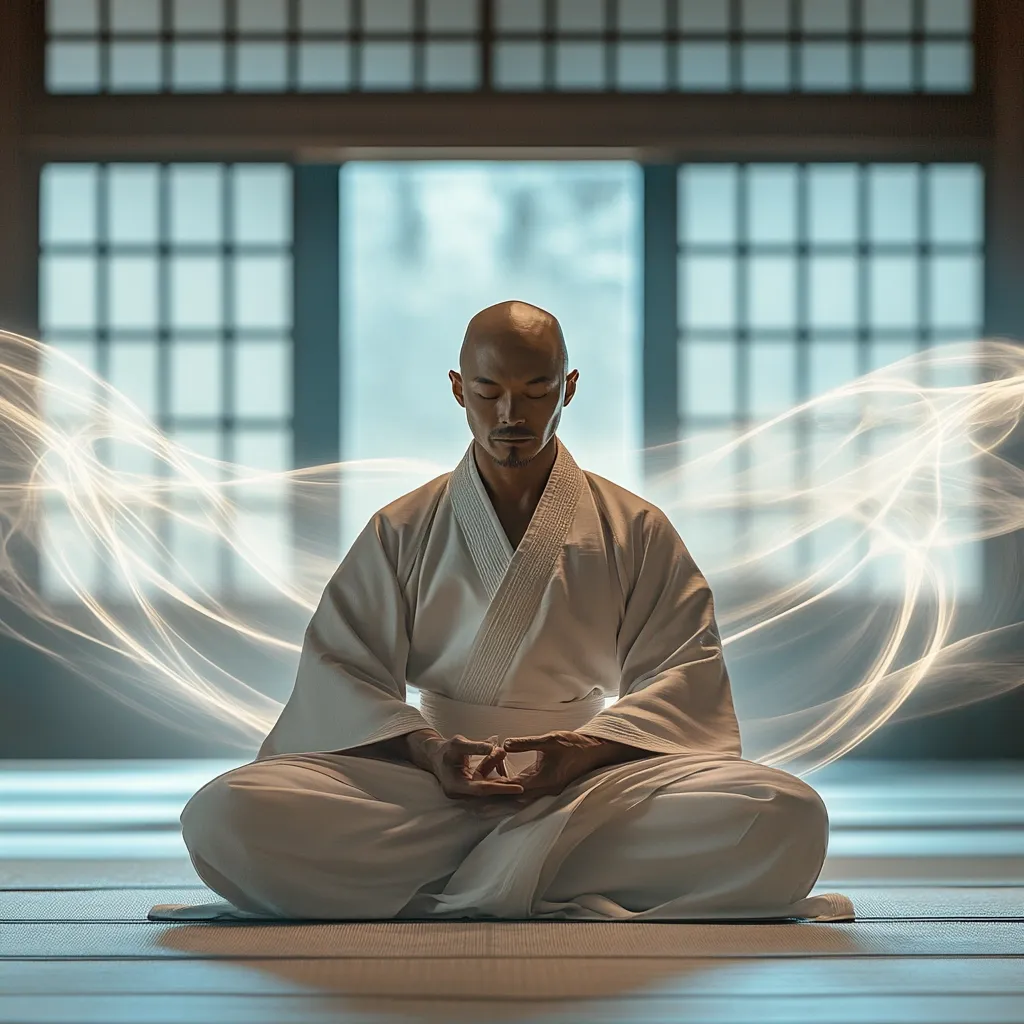 A bald, serene man sits cross-legged in a traditional white robe, his eyes closed in meditation.  He is positioned in a dojo, before a large shoji screen, with ethereal, glowing light streaks emanating from behind him. The image conveys a sense of peace, spiritual practice, and inner tranquility.