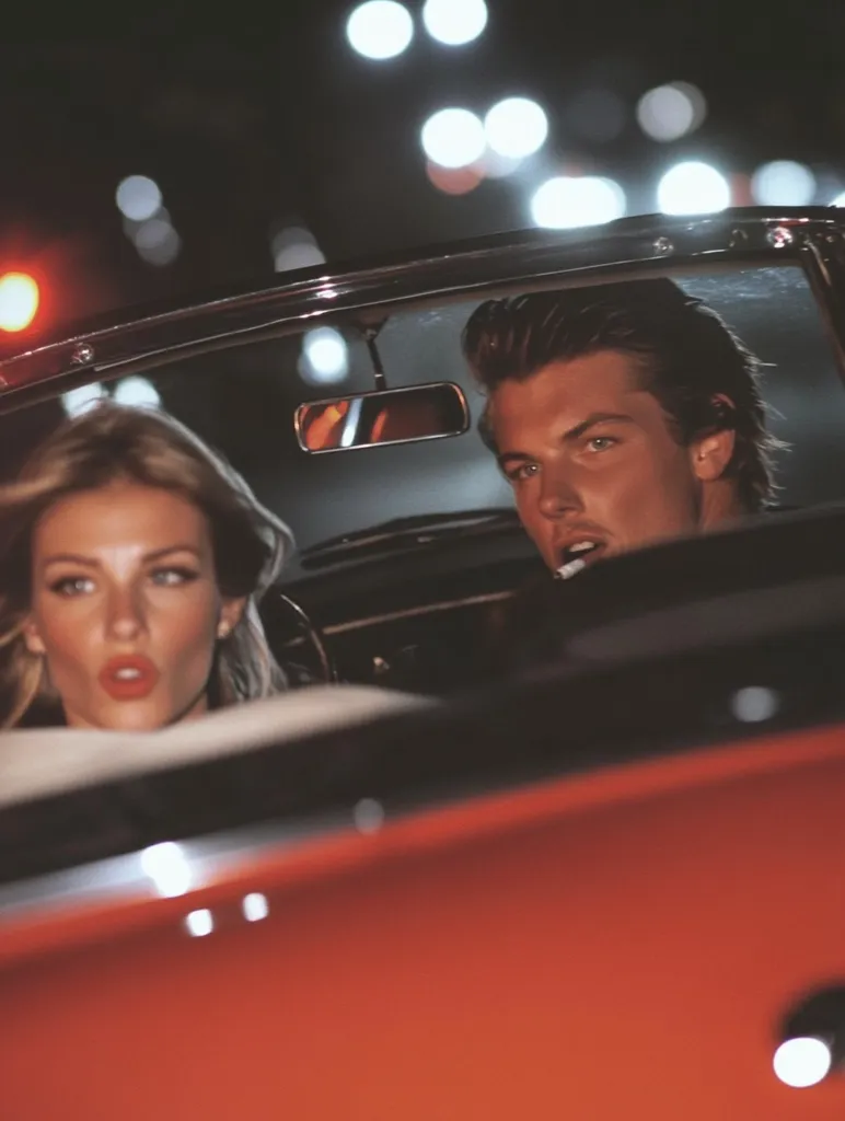 A young couple sits in a red convertible at night, driving through a city with blurred lights in the background. The woman has blonde hair and is looking at the viewer, while the man with dark hair is focused on the road. The image has a vintage, cinematic feel, evoking a sense of romance and adventure.  The car's interior is partially visible, adding to the overall mood.