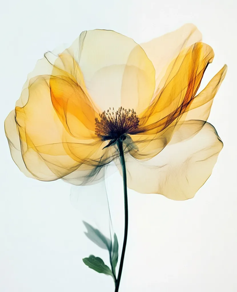A single, delicate yellow flower is depicted, seemingly translucent.  Its petals are soft and ethereal, creating a dreamlike effect. The stem is slender, extending from a small cluster of leaves. The image evokes a sense of lightness and fragility, with the flower appearing almost weightless against the pale background.  The overall style is artistic and suggestive of a botanical illustration.