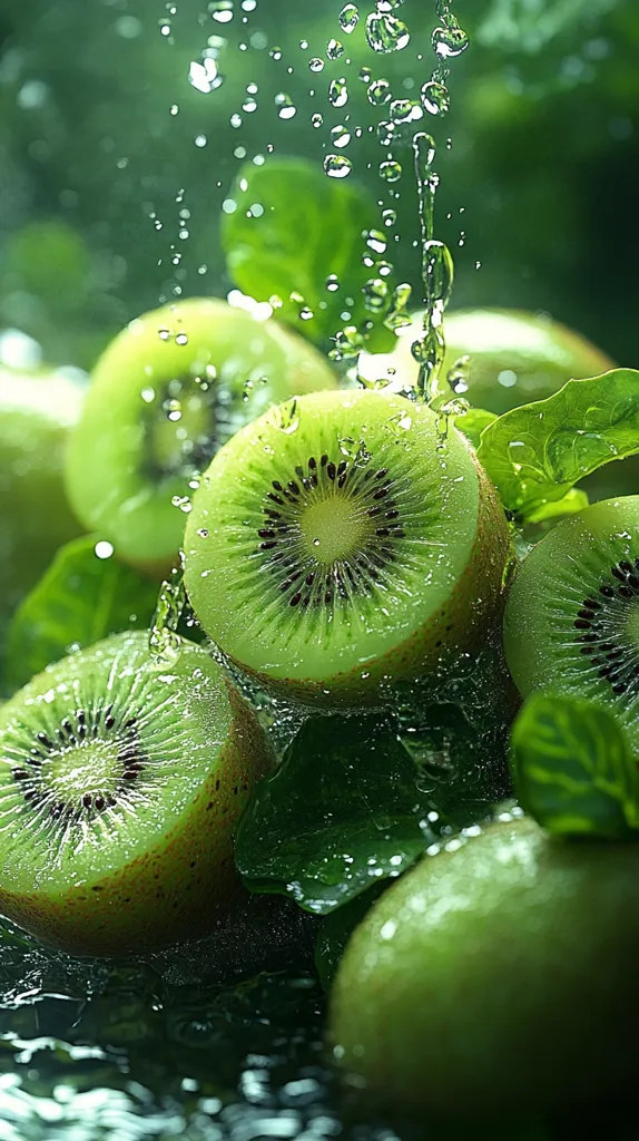 Juicy kiwifruits, glistening with water droplets, are captured in a vibrant close-up.  Halved kiwis reveal their vibrant green flesh and tiny black seeds.  Lush green leaves surround the fruit, adding to the refreshing image. Water splashes enhance the sense of freshness and vitality. The overall composition is a visually appealing portrayal of healthy, ripe kiwis.