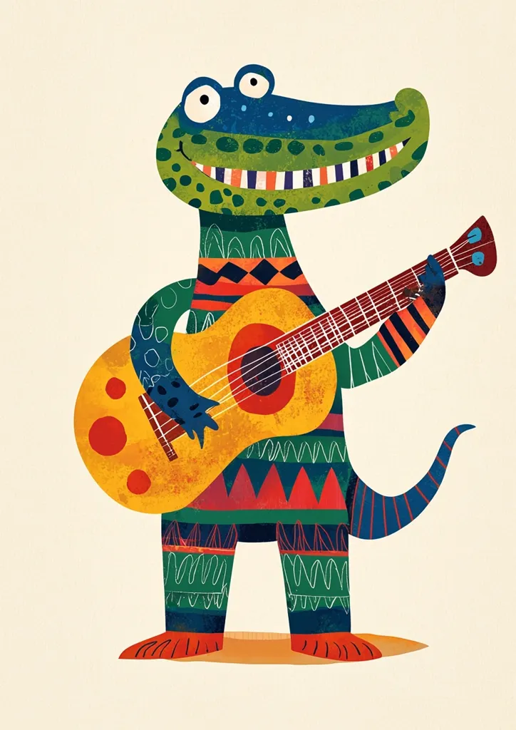 A cheerful crocodile, adorned in vibrant, patterned clothing, joyfully strums a yellow acoustic guitar.  Its bright green skin and expressive eyes add to its playful charm. The artwork is characterized by a bold, textured style, using a mix of colors and patterns to create a whimsical and energetic feel.  The crocodile's pose suggests a lively performance.