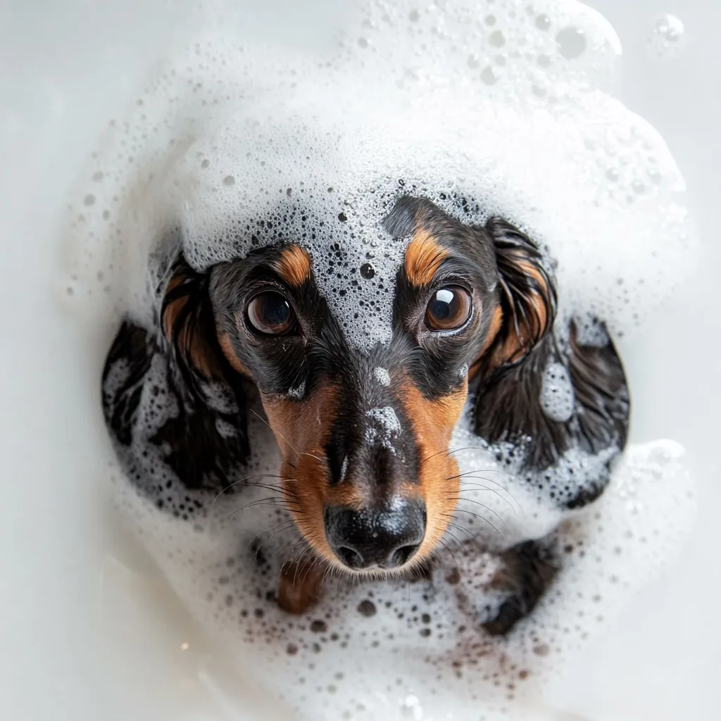 A black and tan dachshund is submerged in a bath full of soapy bubbles.  Its head and shoulders are covered in fluffy white foam, and its large, expressive brown eyes gaze directly at the camera. The dog appears to be enjoying, or at least tolerating, its bath time. The focus is sharp on the dog's face, creating a charming and slightly humorous image.