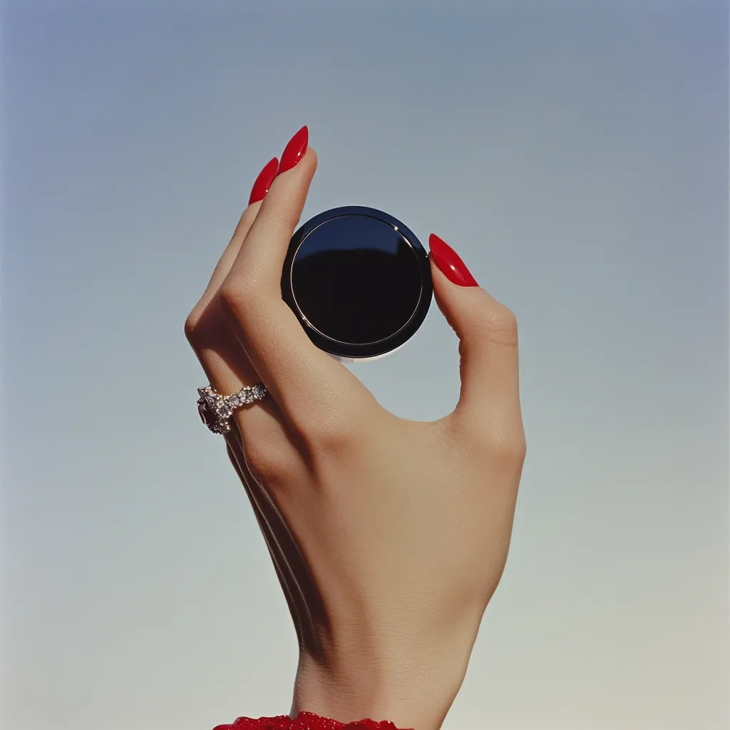 A woman's hand, adorned with a diamond ring and red nail polish, delicately holds a small, round, black compact mirror against a clear blue sky. The image is simple yet elegant, emphasizing the contrast between the woman's hand and the sky. The compact's dark surface reflects nothing, adding to the minimalist aesthetic.  The scene is suggestive of beauty and sophistication.