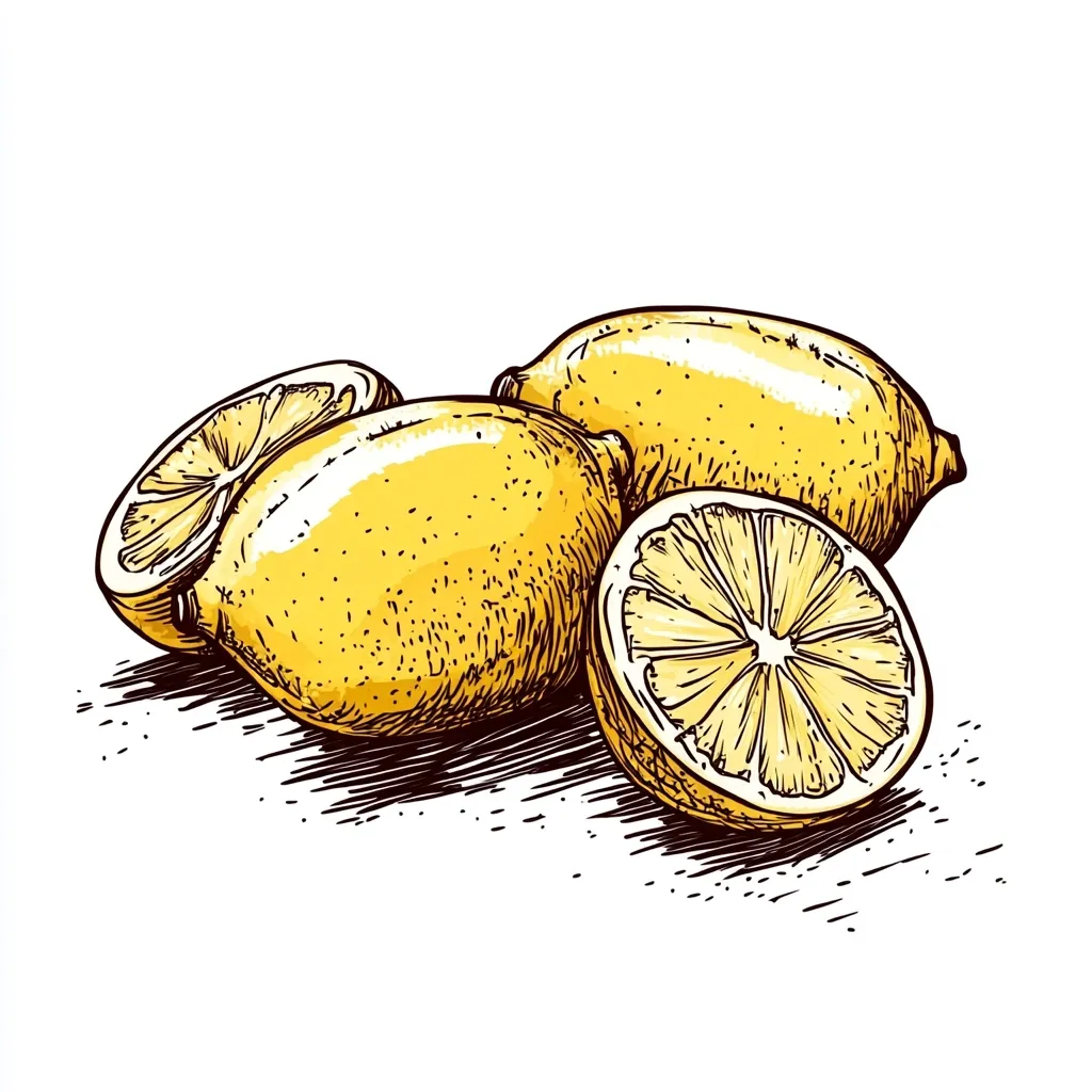 A hand-drawn illustration showcases three lemons; two whole and one sliced.  The lemons are depicted in a vibrant yellow, with detailed shading and texture.  The style is reminiscent of vintage botanical illustrations, emphasizing the fruit's form and surface details. The lemons rest on a lightly shaded surface, suggesting a simple, rustic setting.