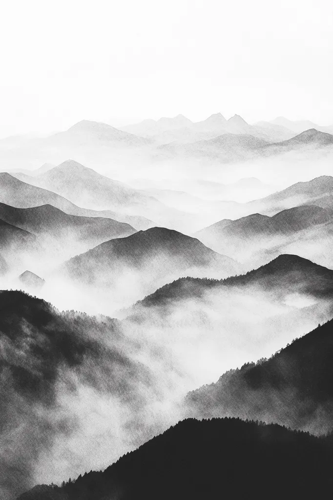 A monochromatic landscape photograph depicts rolling hills shrouded in mist.  The grayscale palette emphasizes the texture and depth of the mountains, creating a serene and ethereal atmosphere.  Layers of fog drift between the dark silhouettes of the hills, producing a sense of mystery and tranquility.  The overall effect is one of peaceful solitude in a mountainous region.