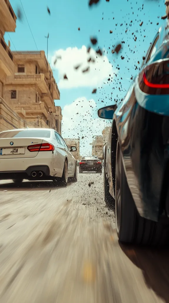 Three cars speed down a dusty street, kicking up debris in their wake.  The lead car is a dark-colored luxury sedan, followed by a white sedan, and a smaller, darker car trailing behind.  Old, tan buildings line the street, and a bright blue sky provides a backdrop to the high-speed chase.  The motion blur emphasizes the speed and excitement of the scene.